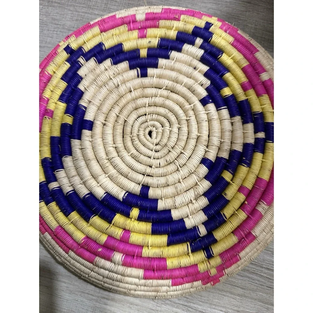 Handmade Woven African Coiled Basket Wall Decor Pink Blue Star Petal Boho